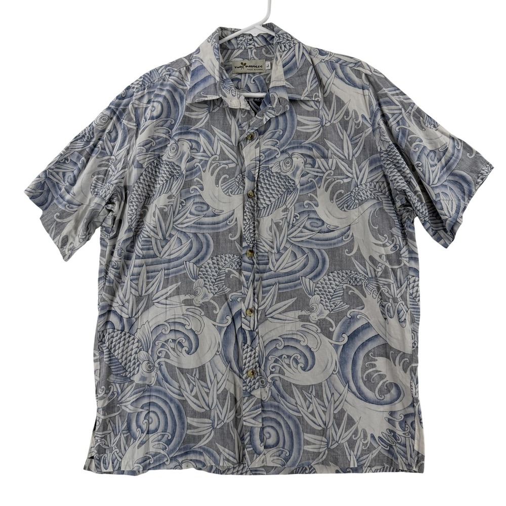 Two Paddles Shirt Mens Large Blue Hawaiian Fish‎ Short Sleeve Button Up Aloha
